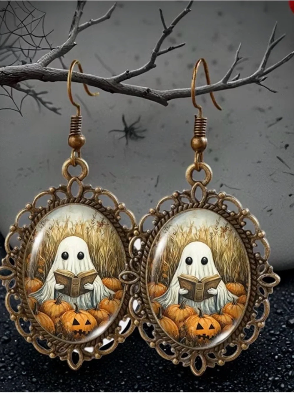 Halloween Ghost Reading Book Pumpkin Earrings Bronze Tone Fall Spooky Jewelry